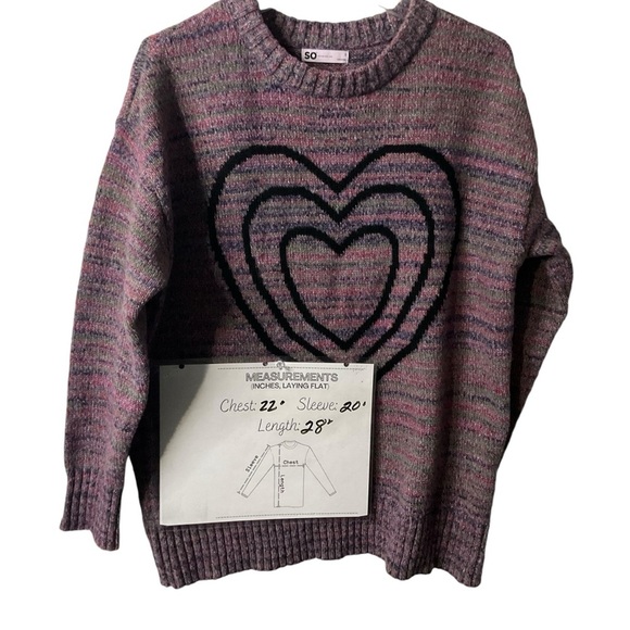SO Oversized Sweater Multi Striped Colored Heart Cozy Fall Collegiate Women SZ S - Picture 7 of 7